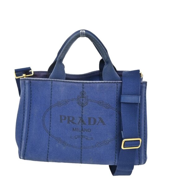PRADA Logo CANAPA 2Way Shoulder Hand Bag Canvas Leather Blue GHW Italy - Picture 1 of 6